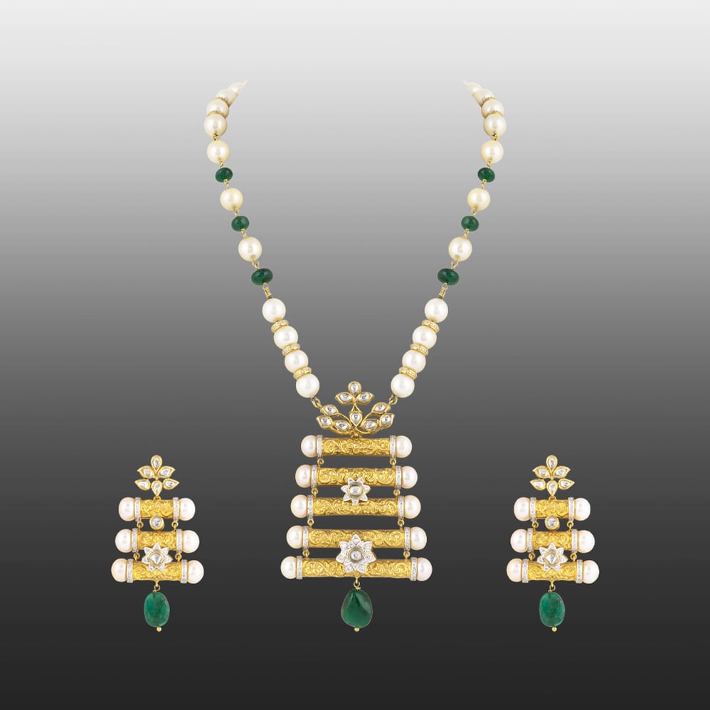 Floral Enamel Pendant Set with Pearls & Emerald Drops